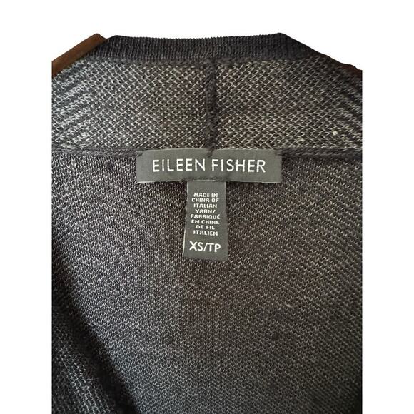 Eileen Fisher XS Open Front Cardigan Jacket black gray Windowpane Check Linen bl - Picture 3 of 11
